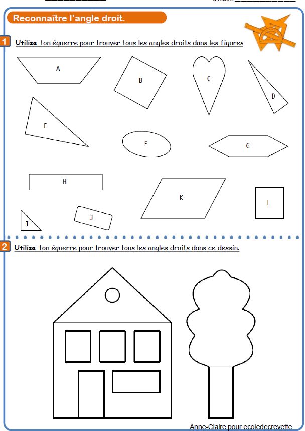 Angles : CE1 - Exercice évaluation révision leçon, pdf à imprimer